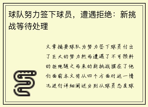 球队努力签下球员，遭遇拒绝：新挑战等待处理